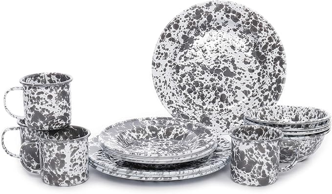 Enamelware Starter Set 16 piece Grey/White Splatter