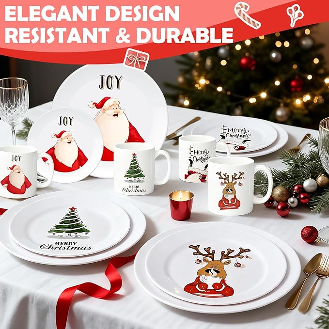 12 Piece Christmas Melamine Dinnerware Set for 4 Guest 10 Dinner Plates 8 Salad Plates 9 oz Mug Shatterproof Xmas Dishes Gift for Home Party Festive Holiday Celebrations