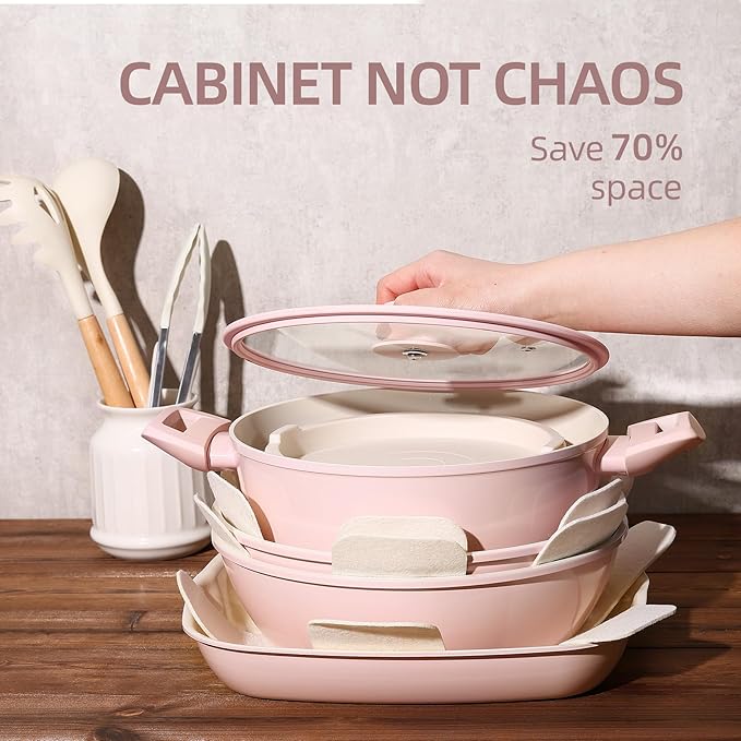 23pcs Ceramic Pots and Pans Set Nonstick Detachable Handle Cookware Induction Kitchen Cooking Set with Removable Handleinclude Frying Pans &amp Saucepans Oven Safe(Pink)
