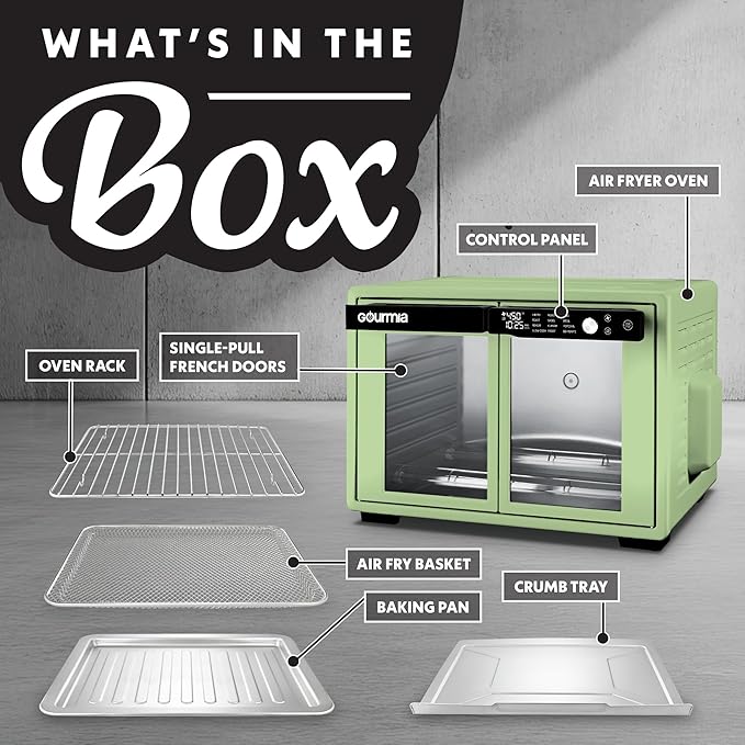 Gourmia French Door Air Fryer Oven - 37 Qt Large Capacity Convection Toaster Oven FryForce 360° Digital Display 12 Cooking Presets Dehydrate Fits 13” Pizza Dishwasher-Safe Green