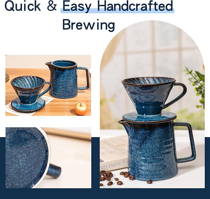 Topadorn Pour Over Coffee Maker Set 13 Oz Ceramic Coffee Maker &amp Pour Over Coffee Dripper Reusable Drip Coffee Maker for Café Restaurant Home Camping Blue