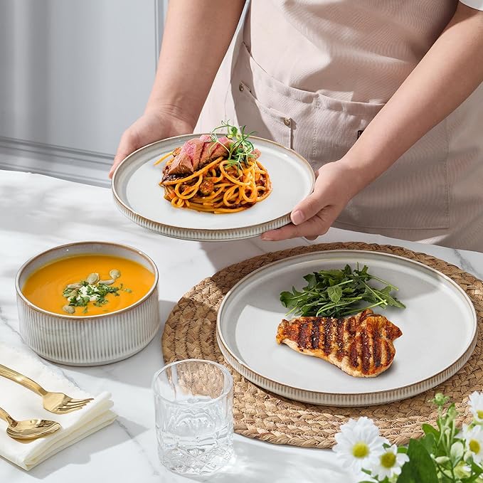 E-far Stoneware Dinnerware Sets 18-Pieces Modern Plates and Bowls Sets Kitchen Dinning Porcelain Dishes Set for 6 Chip &amp Scratch Resistant Dishwasher &amp Microwave Safe Creamy Beige