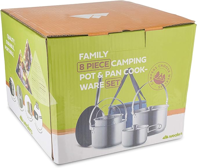 Camping Cookware Set 304 Stainless Steel 8-Piece Pots &amp Pans Open Fire Cooking Kit | Frying Pan Steamer with Travel Tote Bag | Compact For Outdoors &amp Indoors Kitchen Campfire Hiking RV