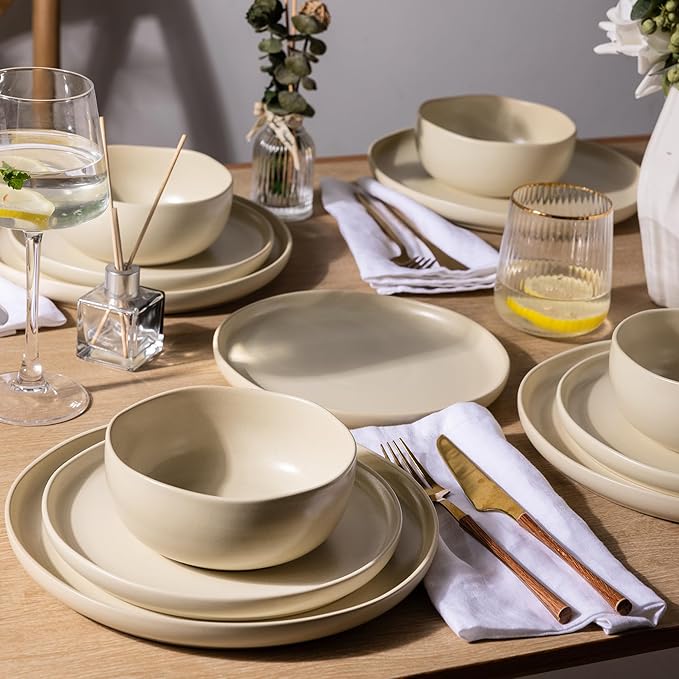 AmorArc Ceramic Dinnerware Sets Wavy Rim Stoneware Plates and Bowls SetsDishwasher &amp Microwave &amp Oven Safe Dishes set Service for 4 (12pc)