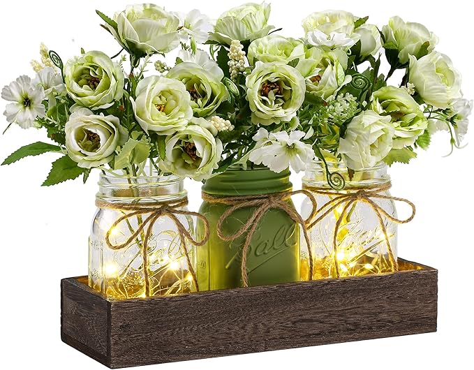 3 Pcs Mason Jar Centerpiece Table Decorations for Dining Farmhouse Coffee Table Decor with Wood Tray and Led Light Table Centerpieces for Dining room Kitchen Living BathroomGreen