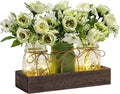 3 Pcs Mason Jar Centerpiece Table Decorations for Dining Farmhouse Coffee Table Decor with Wood Tray and Led Light Table Centerpieces for Dining room Kitchen Living BathroomGreen