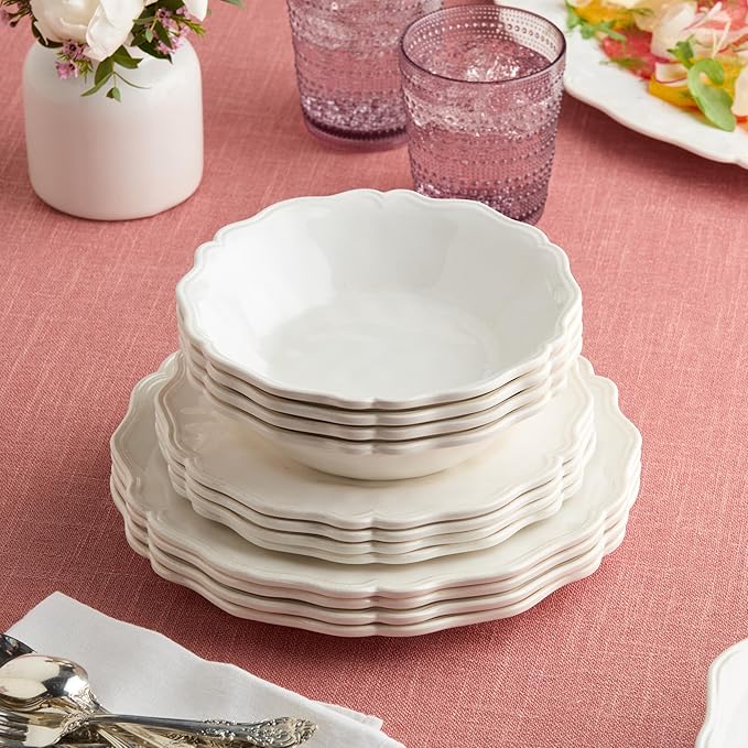 Isabella Cream 12-Piece Melamine Dinnerware Set for 4 – Crackle Glaze Plates &amp Bowls with Scalloped Edges Dishwasher Safe Durable Unbreakable Tableware for Indoor &amp Outdoor Dining
