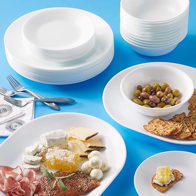 Corelle Vitrelle 38-Piece Service for 12 Dinnerware Set Triple Layer Glass and Chip Resistant Lightweight Round Plates and Bowls Set Winter Frost White