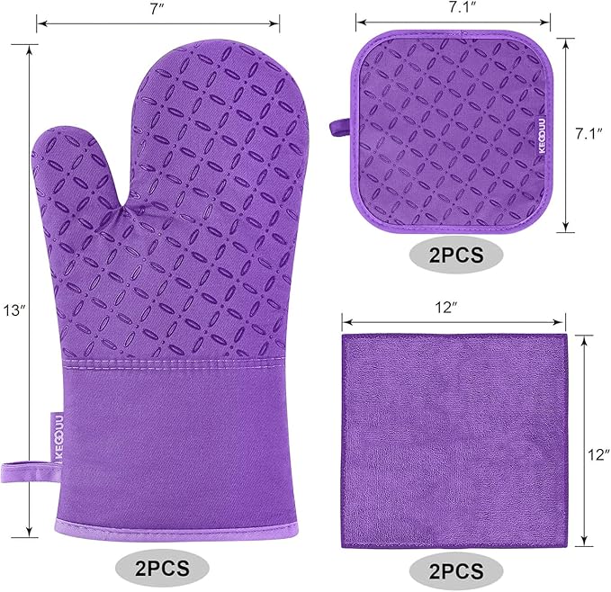 KEGOUU Oven Mitts and Pot Holders 6pcs Set Kitchen Oven Glove High Heat Resistant 500 Degree Extra Long Oven Mitts and Potholder with Non-Slip Silicone Surface for Cooking (Purple)