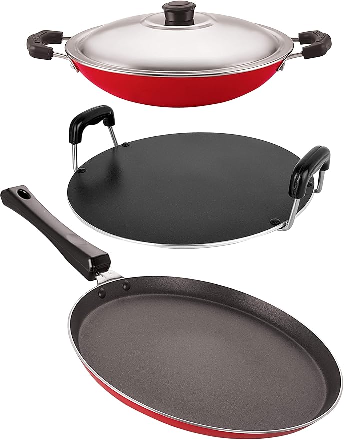 Nirlon Non-Stick Odor Free 3 Piece Gas Compatible Cookware Utensil Combo Gift Set with Bakelite Handle Red and Black Color