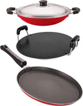 Nirlon Non-Stick Odor Free 3 Piece Gas Compatible Cookware Utensil Combo Gift Set with Bakelite Handle Red and Black Color