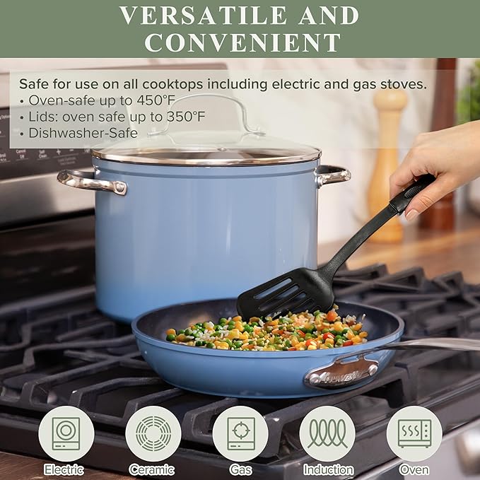 Nuwave Healthy Duralon Blue Ceramic Nonstick Cookware Set Diamond Infused Scratch-Resistant PFAS Free Dishwasher &amp Oven Safe Induction Ready &amp Evenly Heats Tempered Glass Lids &amp Stay-