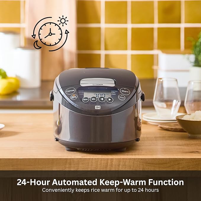 Tiger Corporation JKT-D18U 10-Cup Capacity Induction Heating Electric Rice Cooker with 12 Menu Setting 24-Hour Keep Warm Setting Spatula and Measuring Cup (Black and Stainless Steel)