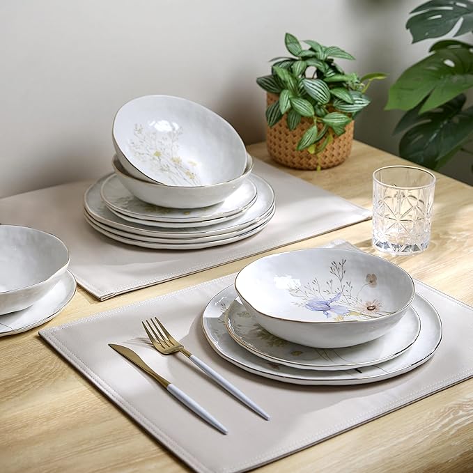 Sango 12-Piece Luxury Porcelain Dinnerware Set for 4- Glossy White Plates and Bowls Sets with Wildflower Patterns and Gold Rims Ceramic Dish Set Elegant Dishes for Everyday Dining Gansevoort