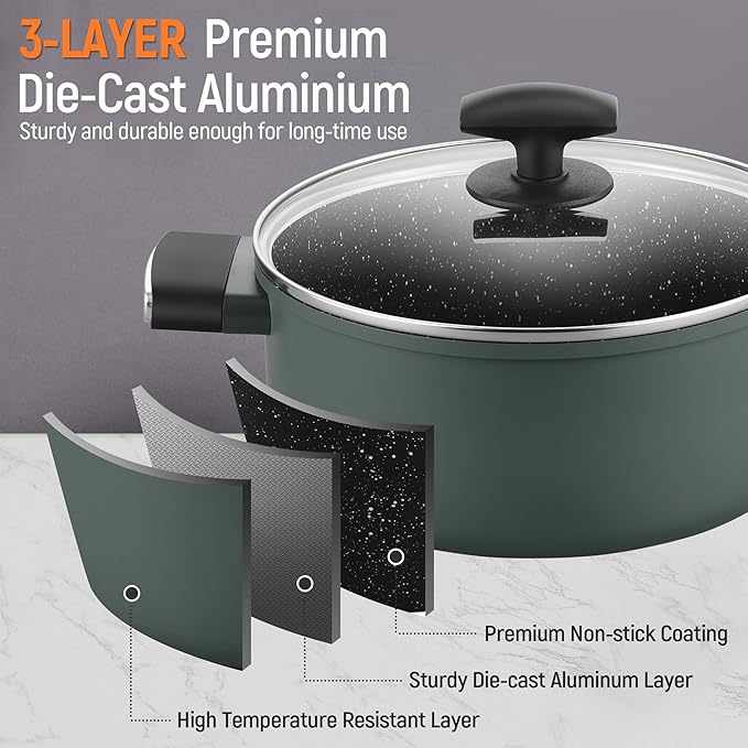 Leetaltree Nonstick Cookware Sets - 16 Pieces Pots and Pans with Utensils and Steamer Nonstick Cast Aluminum Kitchen Cookware with Bakelite Handles Non Toxic PFOS/PFOA Free (Green)