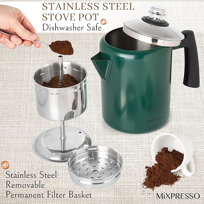 Mixpresso Green Stainless Steel Coffee Percolator Stovetop 37oz Classic Percolator Coffee Pot Great For Camping Pot 5-8 Cup Stove Top Espresso Maker Cool-Touch Handle