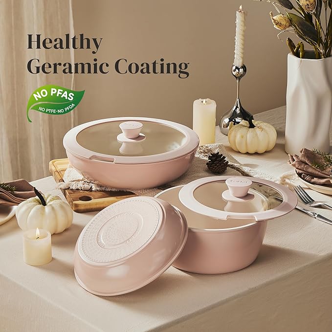 Redchef Ceramic Cookware Set Removable Handle Pots and Pans Non-Stick Rv Cookware Set Non-Toxic Pots and Pans Set No PFAS PTFE PFOA Detachable Pots and Pans Dishwasher &amp Oven Safe (Pink)