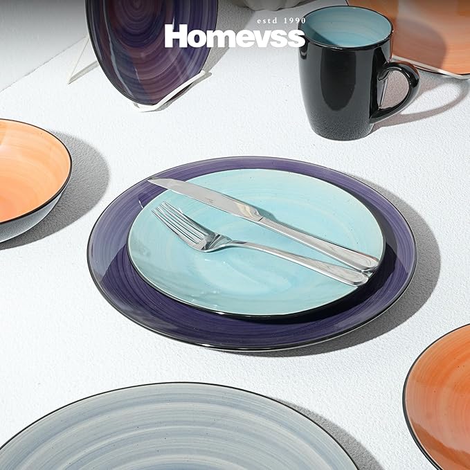 Sonoma 16 Piece Stoneware Dinner Set Samoa Outside Black + Inside Hand painted Combi Colors of Grey Orange Purple and Turquoise) with speckle