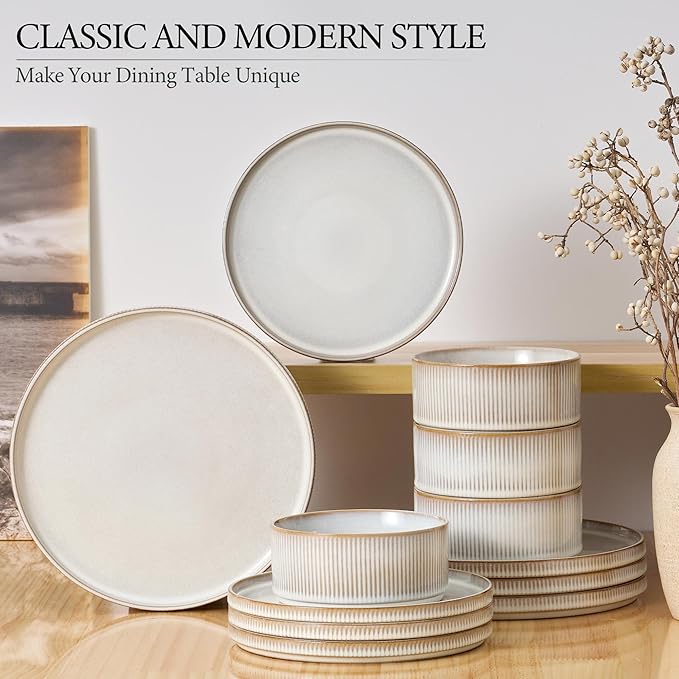 E-far Stoneware Dinnerware Sets 18-Pieces Modern Plates and Bowls Sets Kitchen Dinning Porcelain Dishes Set for 6 Chip &amp Scratch Resistant Dishwasher &amp Microwave Safe Creamy Beige