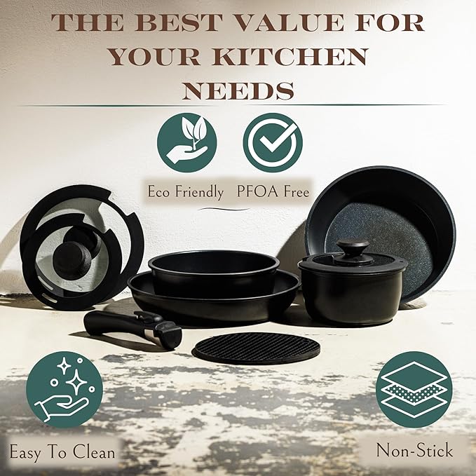 Moss &amp Stone 10pcs Black Pots and Pans Set Non Stick Cookware Sets Detachable Handle RV Kitchen Set Removable Handle Oven Safe Induction Ready Stackable Non-stick Set Camping Cookware Set