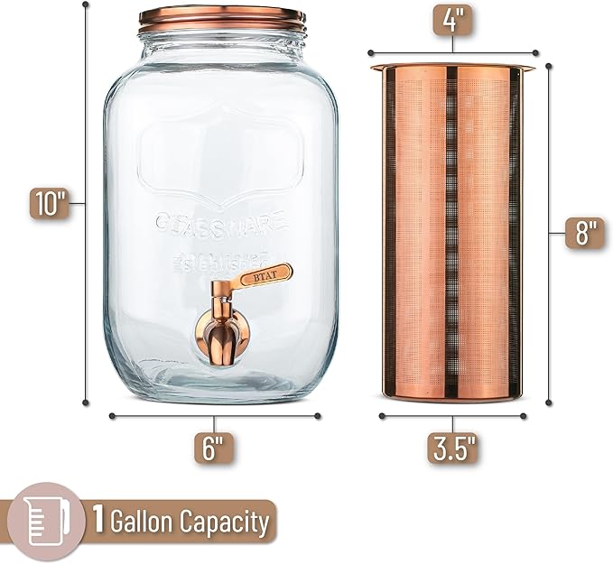 BTaT- 1 Gallon Cold Brew Coffee Maker Thick Glass Pitcher with Stainless Steel Filter Lid &amp Spigot Iced Coffee &amp Sun Tea Brewer Large Mason Jar Cold Brew Container Fast Iced Tea Maker for