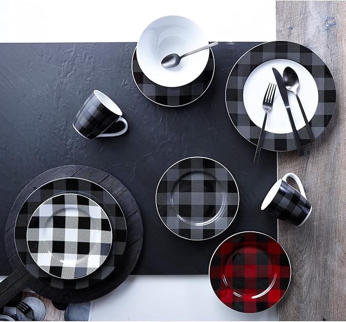 Safdie &amp Co. Buffalo Plaid Grey Black 16 Piece Dinnerware Set Service for 4 Fiesta Dinnerware home trends and home food network essentials Porcelain dinner plates 16 L x 12 W x 15 H