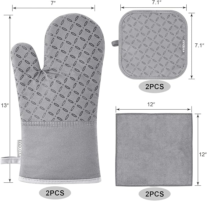 KEGOUU Oven Mitts and Pot Holders 6pcs Set Kitchen Oven Glove High Heat Resistant 500 Degree Extra Long Oven Mitts and Potholder with Non-Slip Silicone Surface for Cooking (Light Gary)
