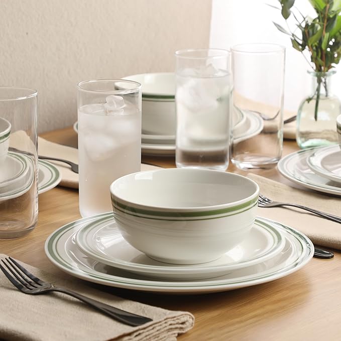 Gibson Home Hometown Diner 12-Piece Porcelain Dinnerware Set Round Plates and Bowls Set for 4 White with Green Rim Dishwasher Safe – Dinner Plate Salad Plate &amp Cereal Bowl