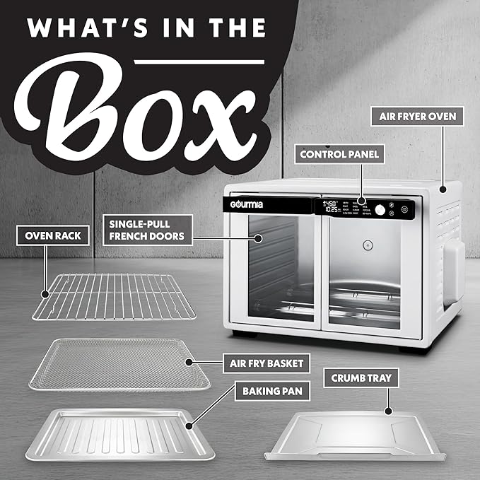 Gourmia French Door Air Fryer Oven - 37 Qt Large Capacity Convection Toaster Oven FryForce 360° Digital Display 12 Cooking Presets Dehydrate Fits 13” Pizza Dishwasher-Safe White