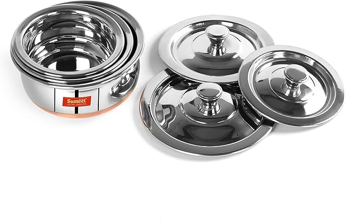 Sumeet Stainless Steel Copper Bottom 3 Pc Handi/Cookware/Serveware Pot Set with Lid 360ML 500ML 800ML (Silver)