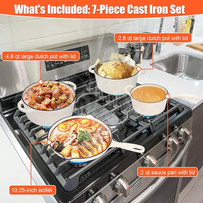 QuliMetal Nonstick Enameled Cast Iron Cookware Set 7-Pcs Pots and Pans with Lid Frying Pan Skillet Sauce Pan Healthy Round Dutch Oven Pot for Sourdough Bread Baking on All Stovetop Cream White