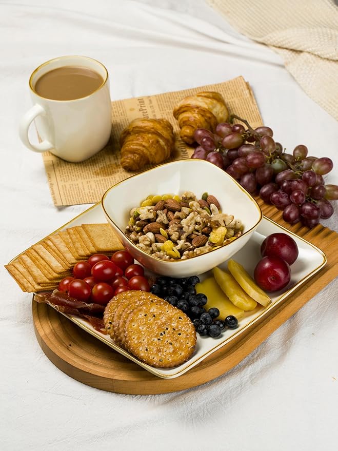 Famiware Ocean Square Plates and Bowls Sets + 3 Pcs Ocean Oval Serving Platter 15-Piece Dinnerware Sets for 4 White