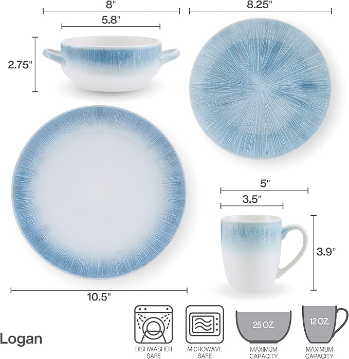 Pfaltzgraff Logan 16 Piece Dinnerware Set Service for 4 Blue Ombre