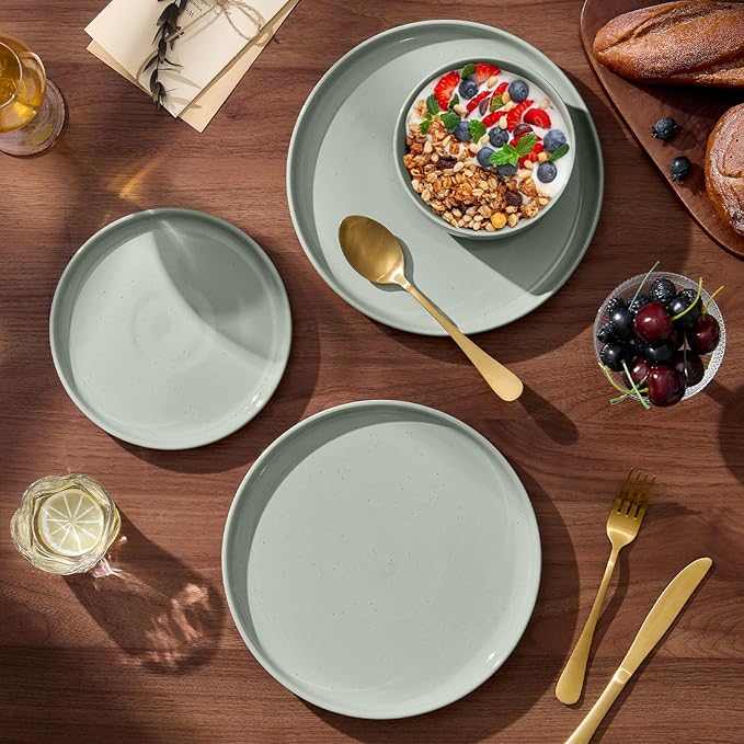 E-far 12-Piece Stoneware Dinnerware Sets Plates and Bowls Sets for 4 Ceramic Dishware Dishes Set with Terracotta Base Chip &amp Scratch Resistant Microwave &amp Dishwasher Safe Speckled Green