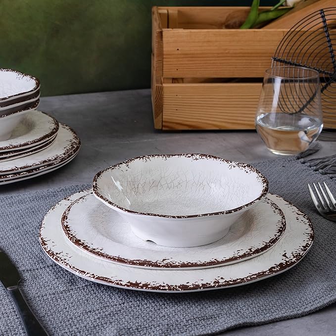 LEHAHA Vintage White Melamine Dinnerware set-12 Piece Lightweight Unbreakable Outdoor Camper Plates/Dishes and Bowls Set Service for 4 Dishwasher Safe…