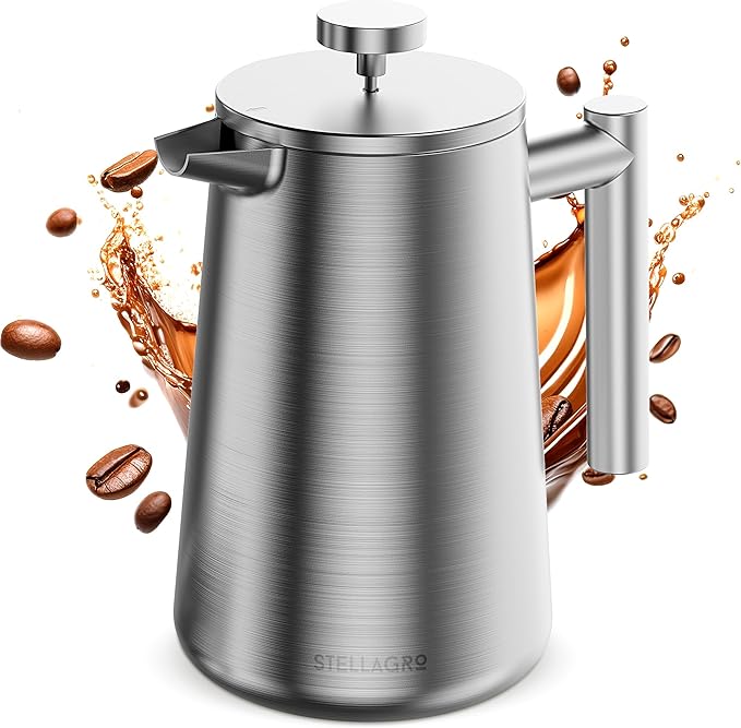 French Press Coffee Maker Stainless Steel French Press 34 Oz / 1L Large Insulated Double Wall Coffee Maker with 3 Extra Mesh Filters Satin Finish Silver