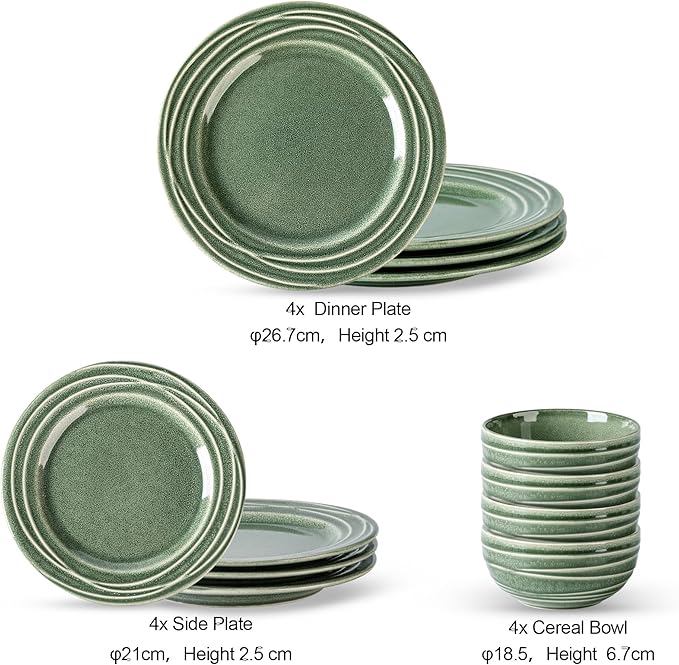 GBHOME Ceramic Dinnerware Sets12 pcs Embossed Elegant Stoneware Plates and Bowls Sets Housewarming Wedding Gift | Dishwasher &amp Microwave Safe | Dishes Set Service for 4