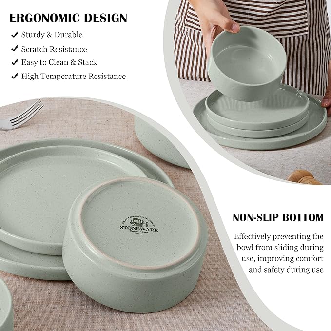 E-far Stoneware Dinnerware Sets 12-Piece Plates and Bowls Dish Set for 4 Kitchen Modern Dinning Ware Chip and Scratch Resistant Microwave &amp Dishwasher Safe Speckled Green