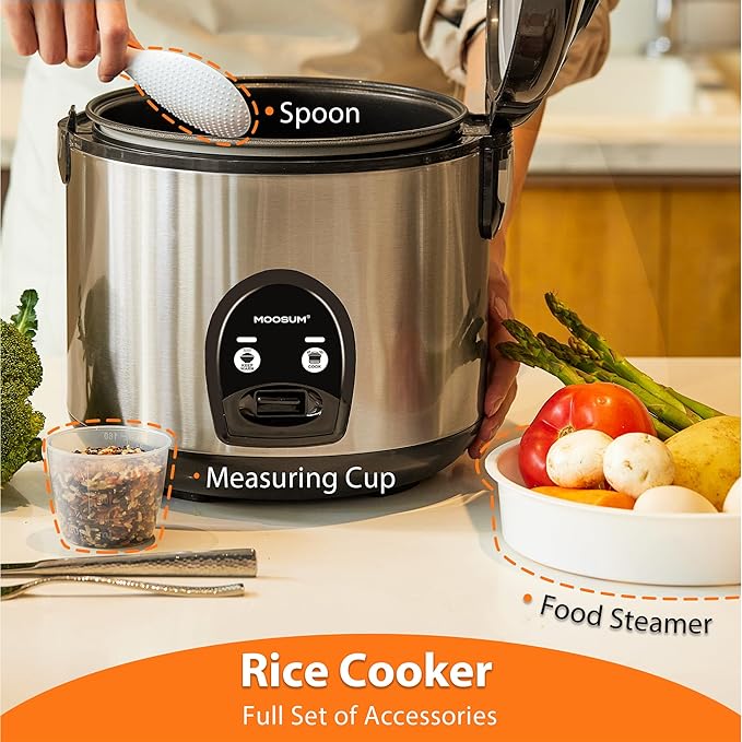 Electric Rice Cooker with One Touch for Asian Japanese Sushi Rice 10-cup Uncooked/20-cup Cooked Fast&ampConvenient Cooker with Steamer Stainless Steel Housing and Auto Warmer
