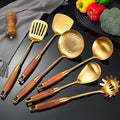Gold Kitchen Utensils Set with Wooden Handle 6 PCS Professional Stainless Steel Cooking Utensils Set Wok Spatula Ladle Skimmer Slotted Spatula Turner Spaghetti Spoon Large Spoon