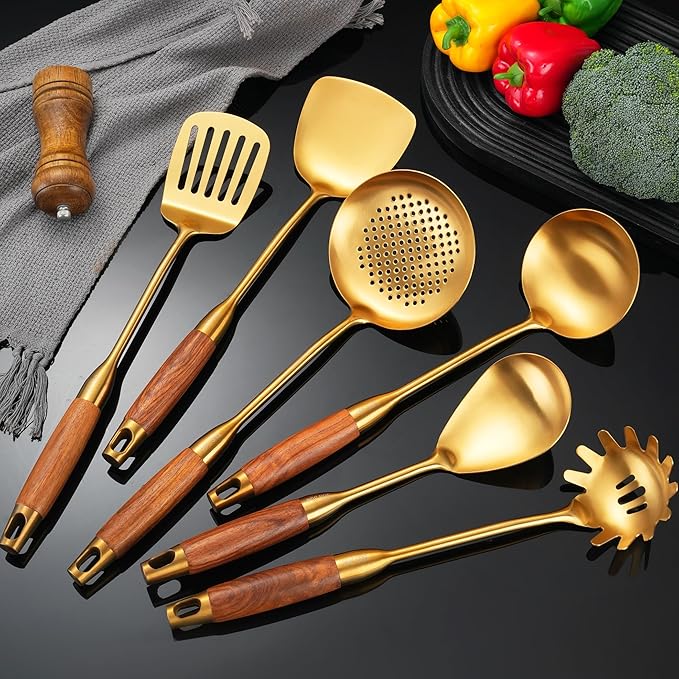 Gold Kitchen Utensils Set with Wooden Handle 6 PCS Professional Stainless Steel Cooking Utensils Set Wok Spatula Ladle Skimmer Slotted Spatula Turner Spaghetti Spoon Large Spoon