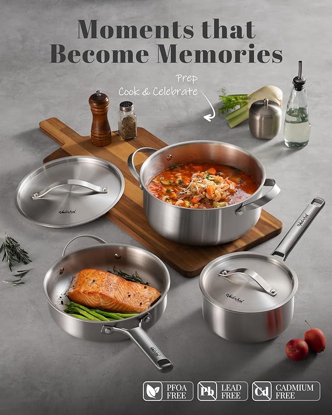 Stainless Steel Cookware Set 14 Pcs Tir-Ply Pots and Pans Set PFOA&ampPTFE Free Dishwasher&ampOven Safe Kitchen Induction Compatible ollas de acero inoxidable para cocinar