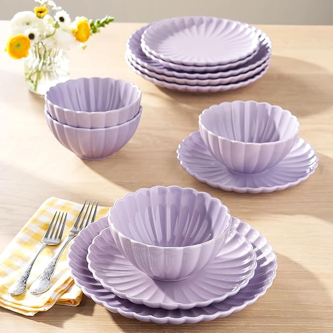 12 Pieces 4-person Set of Ceramic Tableware Including Plates Salad Plates Bowls Etc. with A Wave-shaped Design. Suitable for Daily Dining and Gatherings with Friends. Purple Tableware Set