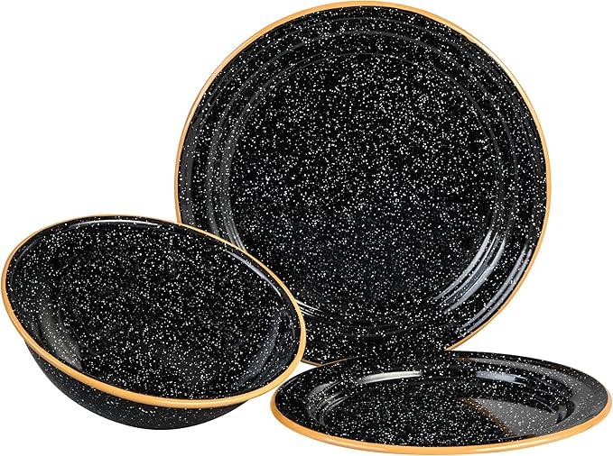 Granite Ware 3-Piece Camping Bowl &amp Plate Set for Outdoors Speckled Black - Durable Steel Dinnerware for Outdoor Dining Backyard Living Travel Meals - Unbreakable &amp Reusable for Dinner/Dess