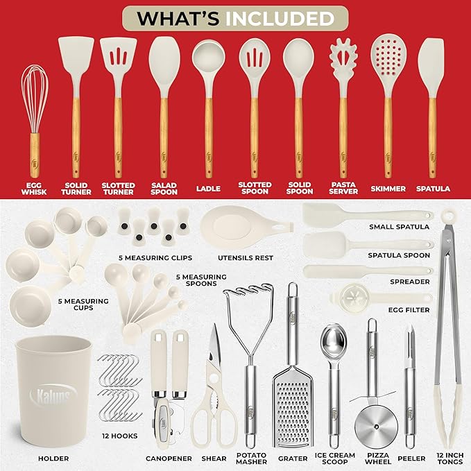 Kaluns 50 PCS Silicone Kitchen Utensils Set Complete Kitchen Set - 800°F Heat Resistant Non-Stick Premium Cooking Utensils W Wooden Handles - Can Opener Masher Turner Silicone Spatula Set