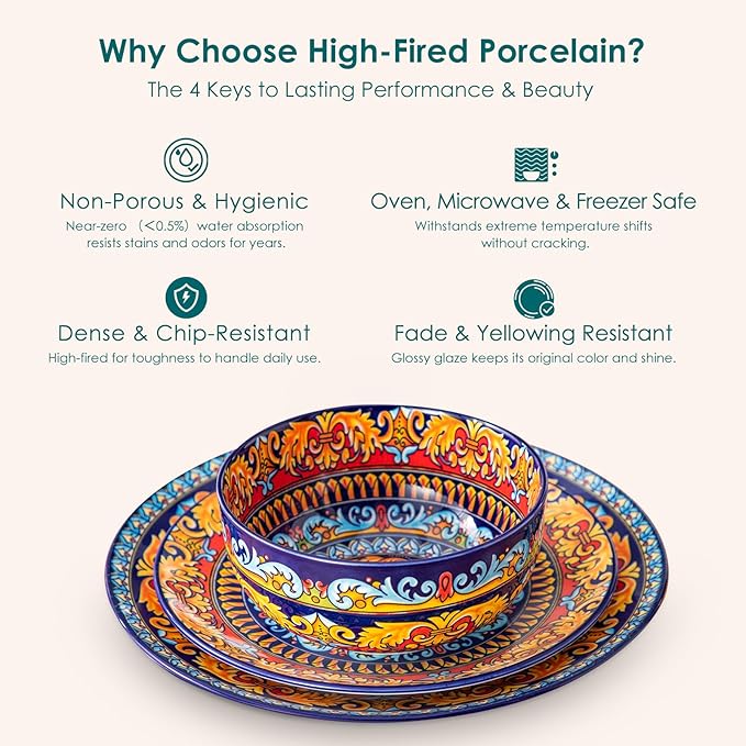 vancasso 18-Piece Dinnerware SetsCeramic Plates and Bowls Sets Service for 6 Bohemian Style Porcelain Dishes Set for 6 Microwave and Dishwasher Safe Scratch ResistantNon Toxic Series KRVI