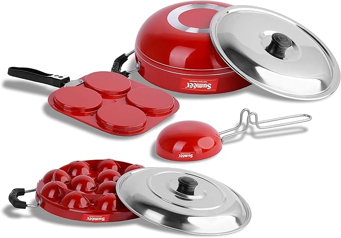 Sumeet 2.6mm Thick Non-Stick Rua Cookware set (Mini Multi Snack Maker – 19.5cm Dia + Kadhai With Lid – 1.5Ltr + Grill Appam Patra With Lid – 23cm Dia + Grill Pan – 1.1Ltr Capacity – 22cm Dia)