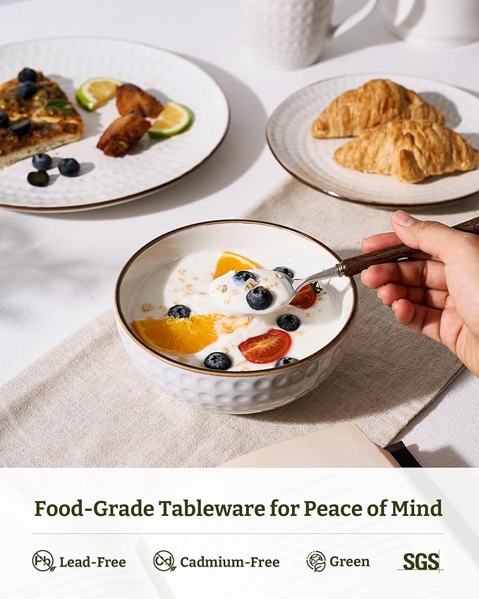 Famiware Eden Plates and Bowls Sets Stoneware Dinnerware Sets with Gold Trim 12 Pieces Dishes Set for 4 - Chip and Scratch Resistant Microwave and Dishwasher Safe White Circle