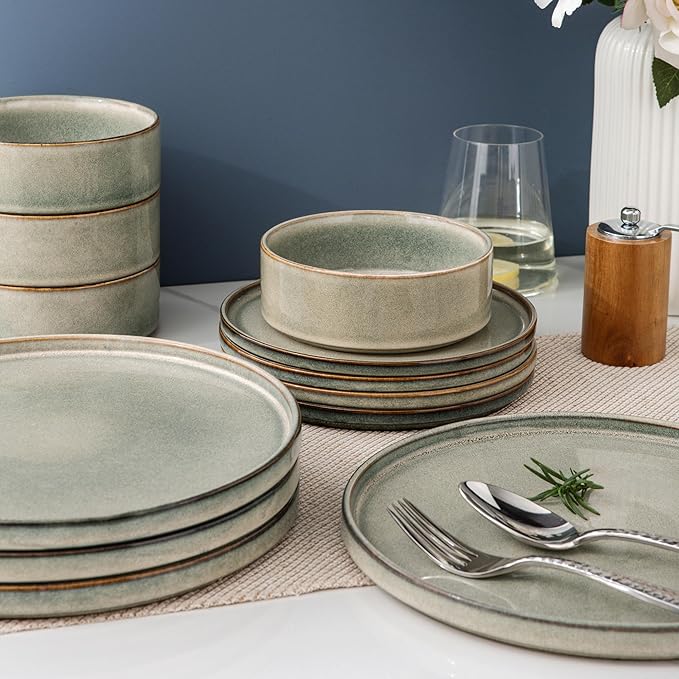 AmorArc Ceramic Dinnerware Sets with Pasta Bowl Handmade Reactive Glaze Plates and Bowls SetsHighly Chip and Crack Resistant | Dishwasher &amp Microwave Safe Dishes Set Service for 4 (16pc)