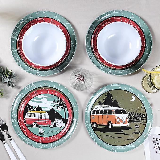 Melamine Dinnerware Sets 12pcs Plates and Bowls Sets Service for 4 Indoor and Outdoor use Dish Set break-resistant (red car)